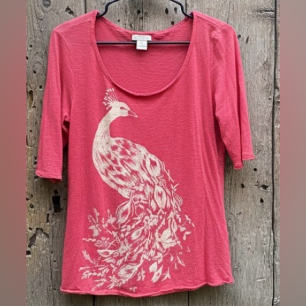 Lucky Brand Vibrant Pink Coral Scoop Neck 3 /4 Sleeve Peacock Blouse Size Medium